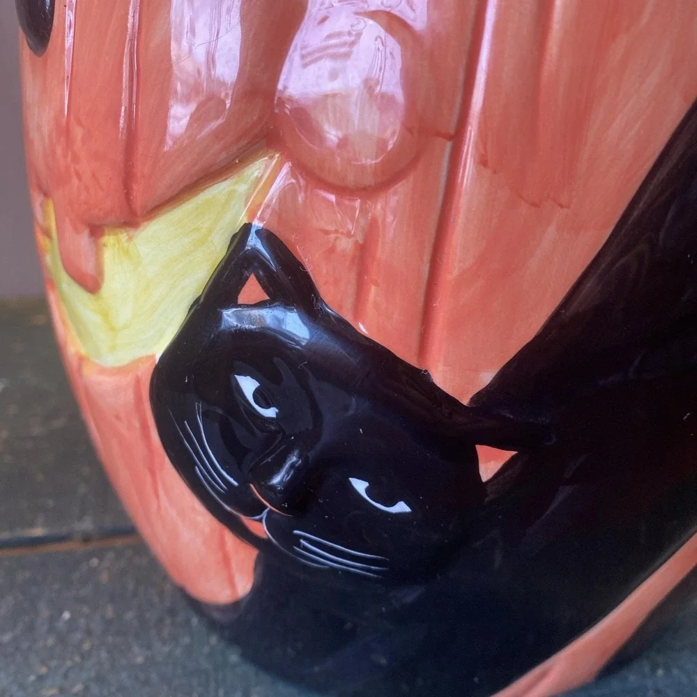 Vintage‎ 90s Ceramic Cookie Jar Halloween Tall Pumpkin Black Cat Ghost Canister